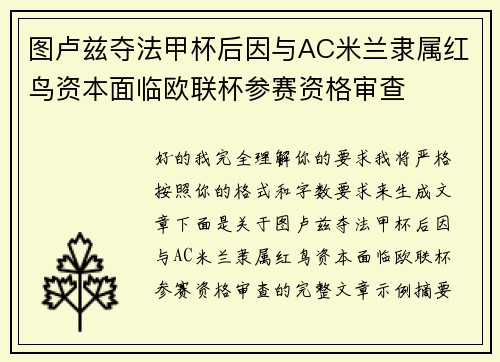 图卢兹夺法甲杯后因与AC米兰隶属红鸟资本面临欧联杯参赛资格审查